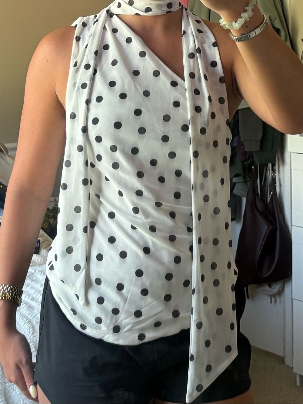 H&M White Sleeveless Polka Dot Tie-Neck Blouse